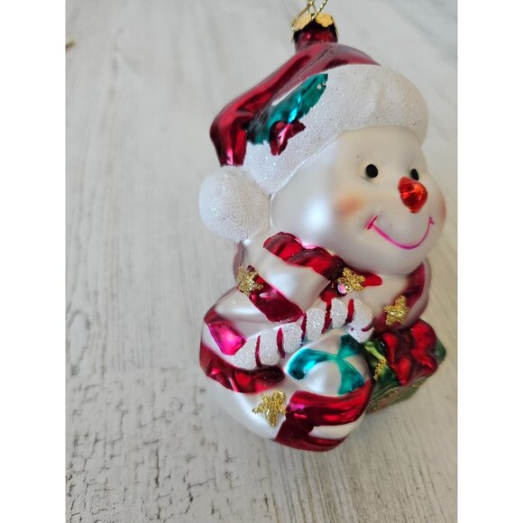 Glass snowman present peppermint red glitter ornament Xmas tree - Picture 1 of 10
